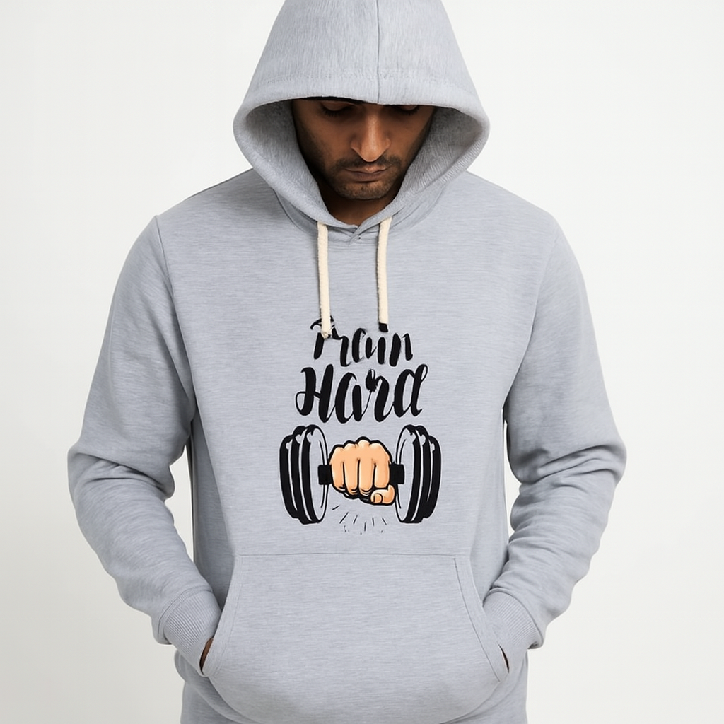 Train Hard Grey Hoodie for Men & Boys – Premium Summer Collection
