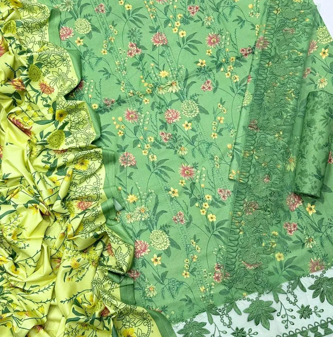 Elegant 3 Pcs Green Suit with Block Printed and Embroidered Details