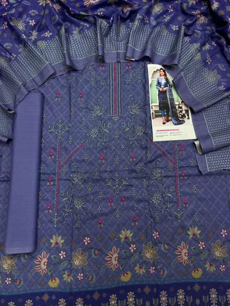 3 Pcs Women's Unstitched Printed Embroidered Suit